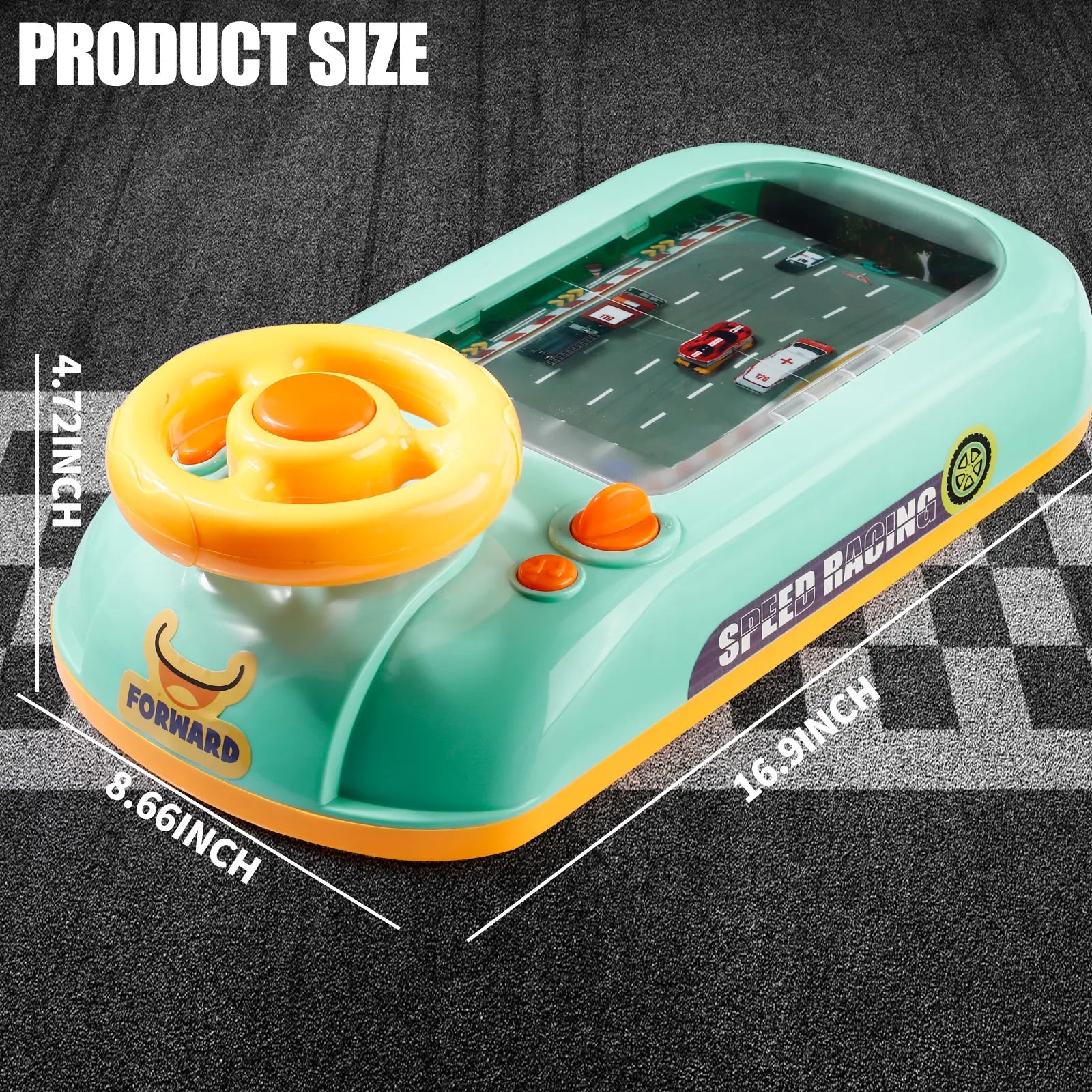 Toy car racing game with steering wheel and track, showing product size measurements.