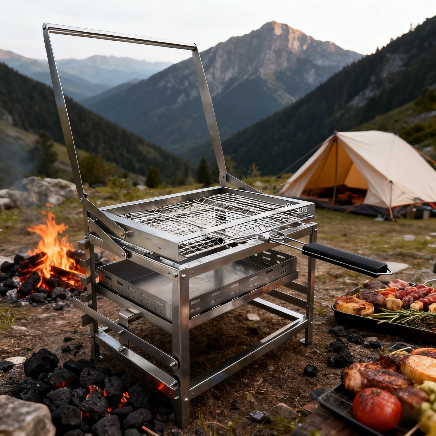 Tragbarer 360°-Drehkohlegrill mit Wendekorb - Edelstahl 🍖🔥