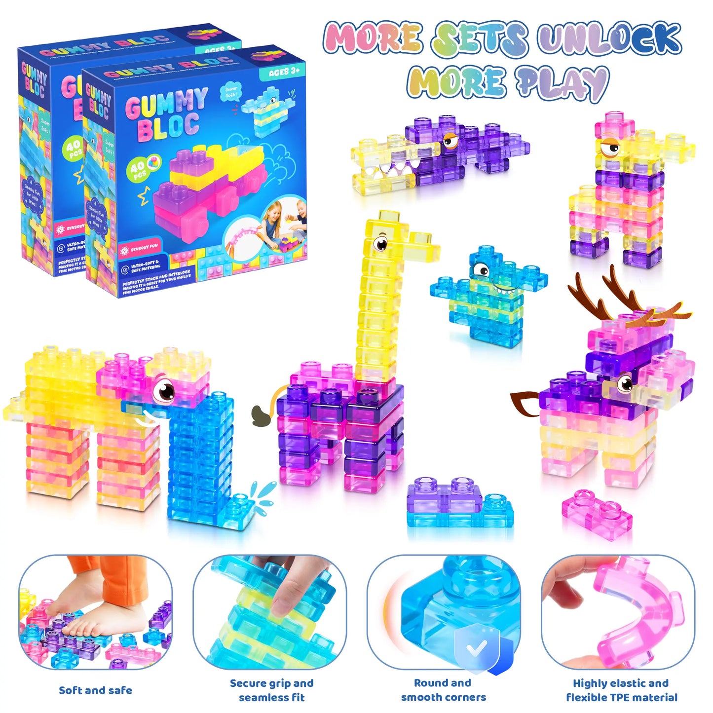 Blocs de construction souples en gelée - Jouet sensoriel et scientifique (STEM) compressible pour tout-petits 🧩✨