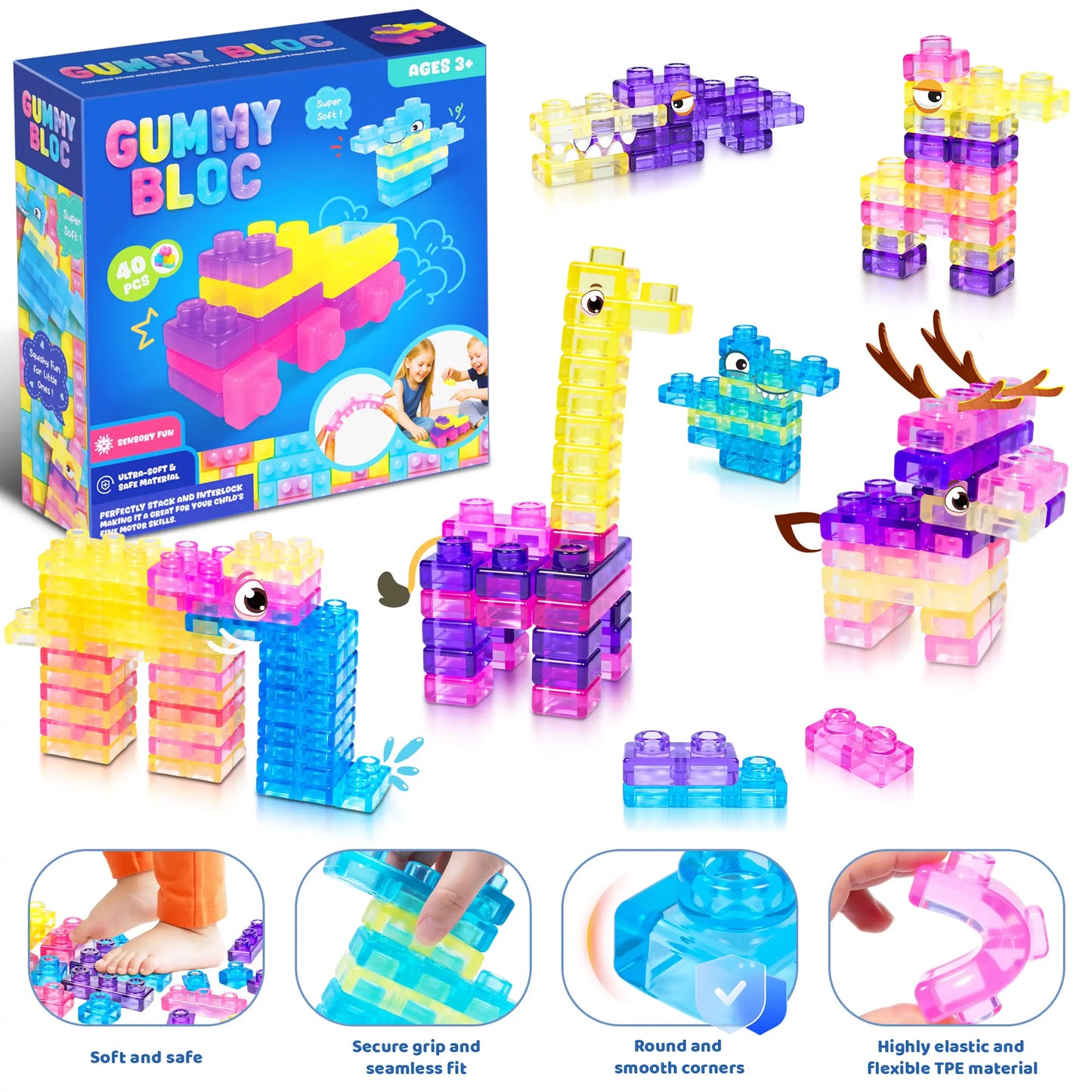 Blocs de construction souples en gelée - Jouet sensoriel et scientifique (STEM) compressible pour tout-petits 🧩✨