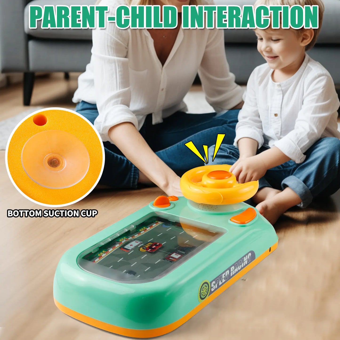 Child playing with a toy car launcher on the floor, with an inset showing the bottom suction cup.