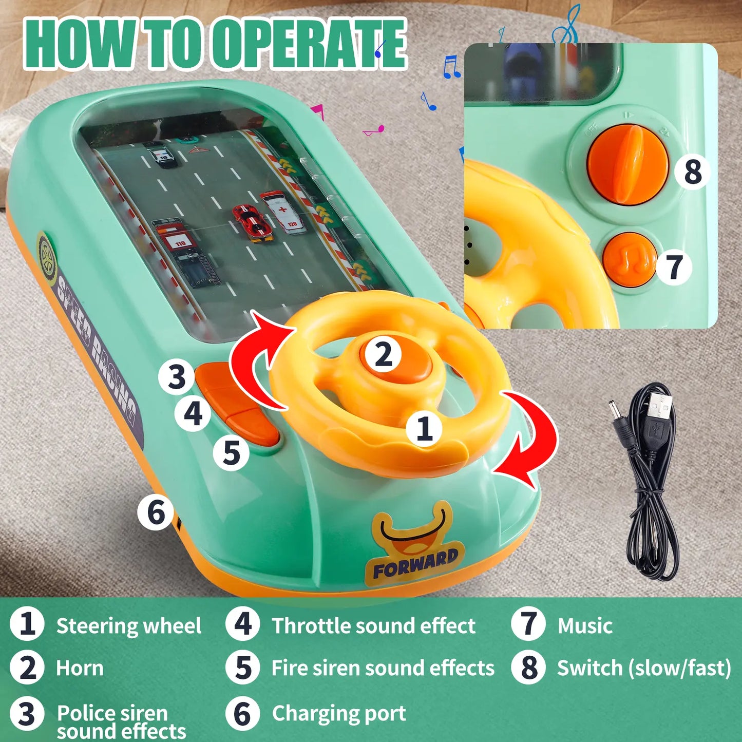 Volant de course d'aventure pour enfants, jeu de conduite musical, jouet de simulation interactif et éducatif pour tout-petits.