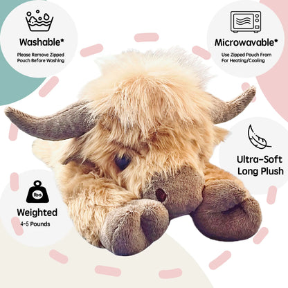 FunFlick 20-24" 4-5 lb beschwerte Stofftiere mit mikrowellengeeignetem Heizkissen - Hochlandrind, Capybara, Katze, Hund, Dinosaurier, Faultier, Elefant, Axolotl, Bär - 4-5 lbs, kühl- und wärmbarer Plüsch zur Linderung von Stress & Periodenschmerzen