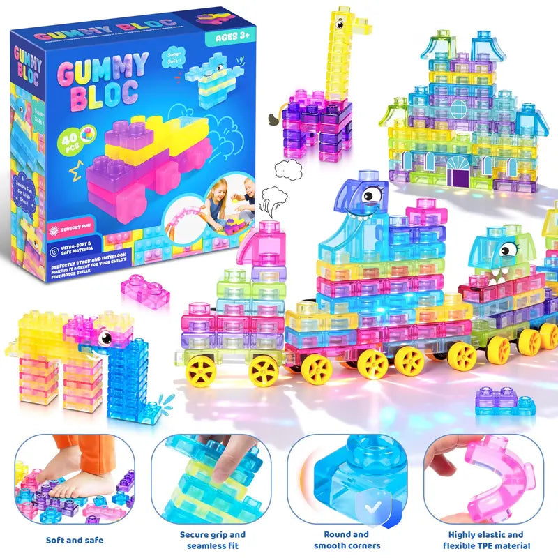 Blocs de construction souples en gelée - Jouet sensoriel et scientifique (STEM) compressible pour tout-petits 🧩✨