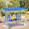 Costzon Kinder Hollywoodschaukel, wetterfeste Gartenschaukel mit verstellbarem Verdeck & Sicherheitsgurten für 2 Kinder, Outdoor-Schaukel für Garten Balkon Pool (Rot, Marienkäfer-Muster)