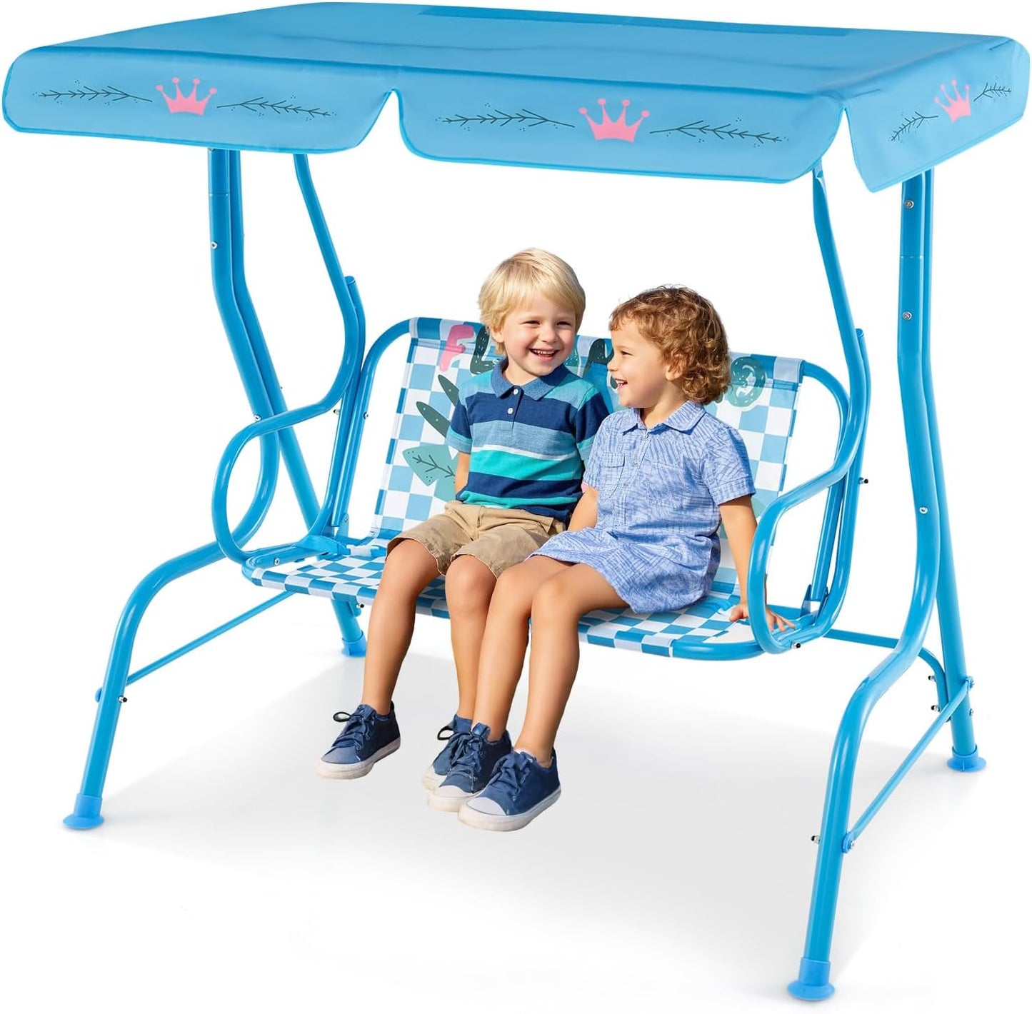 Costzon Kinder Hollywoodschaukel, wetterfeste Gartenschaukel mit verstellbarem Verdeck & Sicherheitsgurten für 2 Kinder, Outdoor-Schaukel für Garten Balkon Pool (Rot, Marienkäfer-Muster)