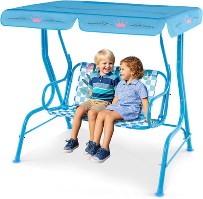 Costzon Kinder Hollywoodschaukel, wetterfeste Gartenschaukel mit verstellbarem Verdeck & Sicherheitsgurten für 2 Kinder, Outdoor-Schaukel für Garten Balkon Pool (Rot, Marienkäfer-Muster)