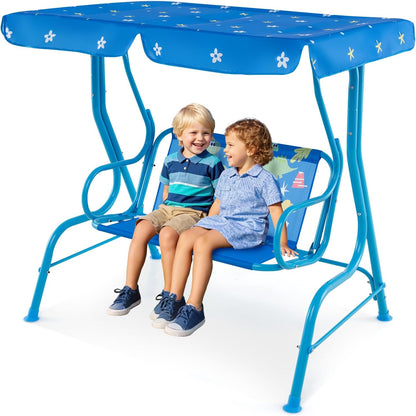 Costzon Kinder Hollywoodschaukel, wetterfeste Gartenschaukel mit verstellbarem Verdeck & Sicherheitsgurten für 2 Kinder, Outdoor-Schaukel für Garten Balkon Pool (Rot, Marienkäfer-Muster)