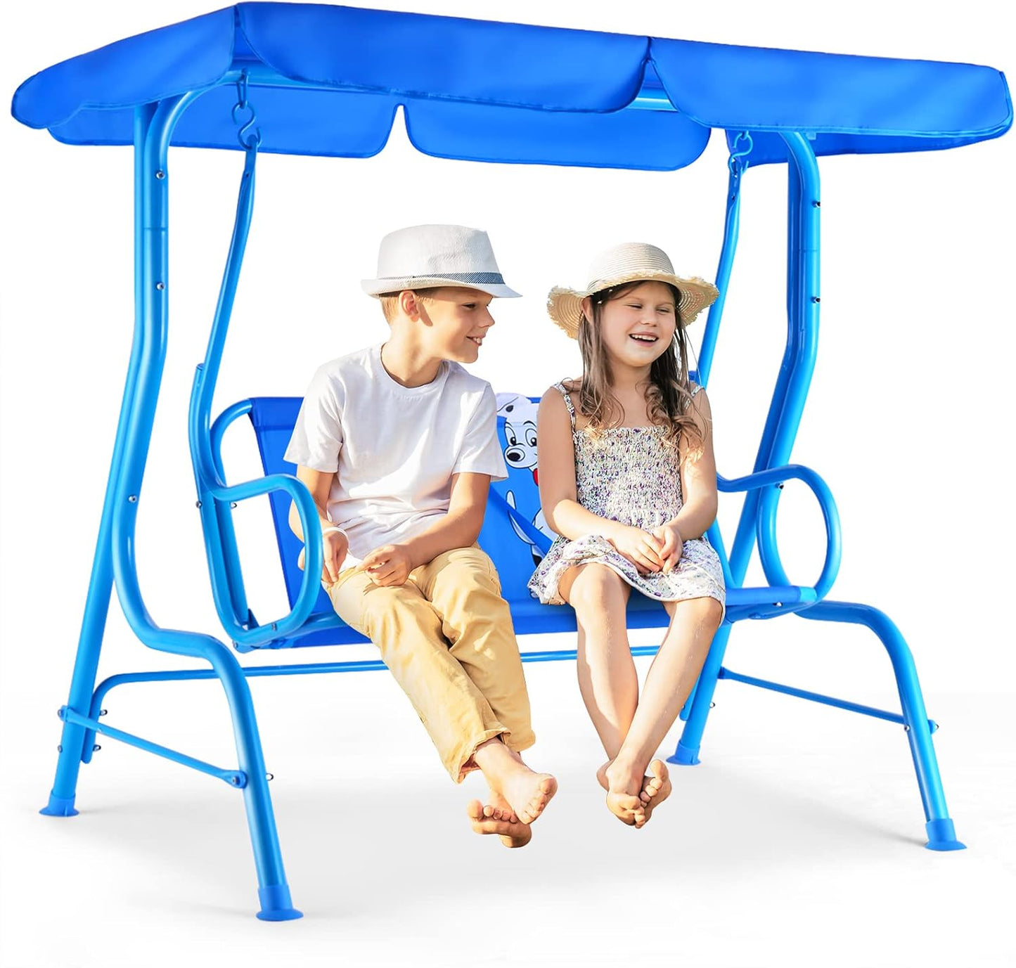 Costzon Kinder Hollywoodschaukel, wetterfeste Gartenschaukel mit verstellbarem Verdeck & Sicherheitsgurten für 2 Kinder, Outdoor-Schaukel für Garten Balkon Pool (Rot, Marienkäfer-Muster)