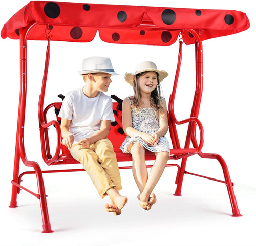 Costzon Kinder Hollywoodschaukel, wetterfeste Gartenschaukel mit verstellbarem Verdeck & Sicherheitsgurten für 2 Kinder, Outdoor-Schaukel für Garten Balkon Pool (Rot, Marienkäfer-Muster)