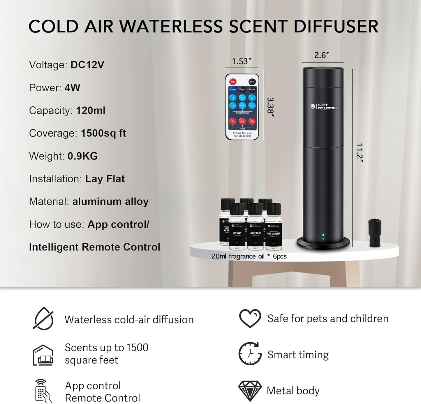 Diffuseur de parfum par nébulisation sans eau - Kit d'aromathérapie style hôtel avec 6 huiles essentielles