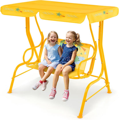 Costzon Kinder Hollywoodschaukel, wetterfeste Gartenschaukel mit verstellbarem Verdeck & Sicherheitsgurten für 2 Kinder, Outdoor-Schaukel für Garten Balkon Pool (Rot, Marienkäfer-Muster)