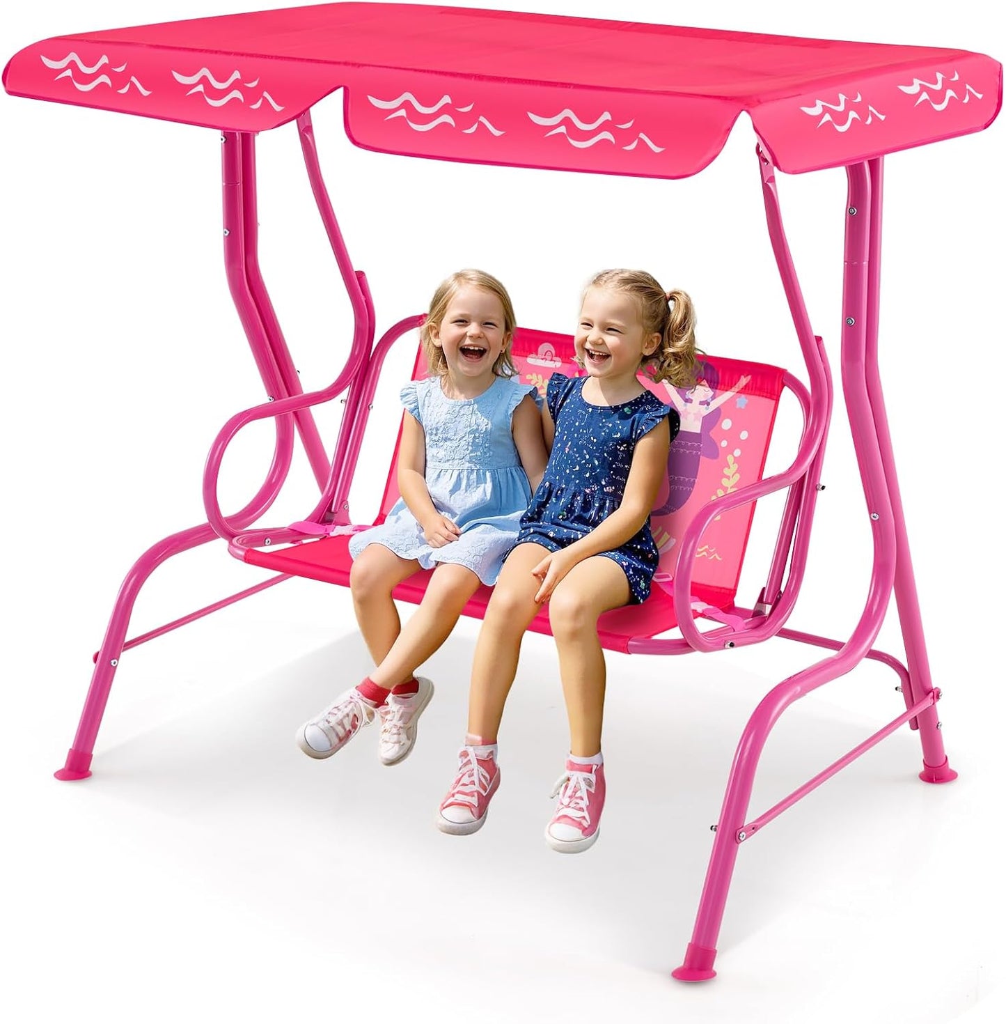 Costzon Kinder Hollywoodschaukel, wetterfeste Gartenschaukel mit verstellbarem Verdeck & Sicherheitsgurten für 2 Kinder, Outdoor-Schaukel für Garten Balkon Pool (Rot, Marienkäfer-Muster)