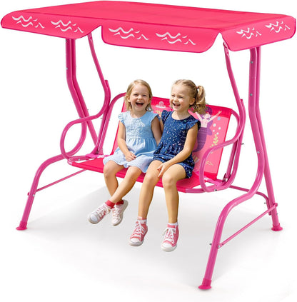 Costzon Kinder Hollywoodschaukel, wetterfeste Gartenschaukel mit verstellbarem Verdeck & Sicherheitsgurten für 2 Kinder, Outdoor-Schaukel für Garten Balkon Pool (Rot, Marienkäfer-Muster)