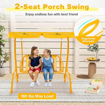 Costzon Kinder Hollywoodschaukel, wetterfeste Gartenschaukel mit verstellbarem Verdeck & Sicherheitsgurten für 2 Kinder, Outdoor-Schaukel für Garten Balkon Pool (Rot, Marienkäfer-Muster)