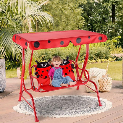 Costzon Kinder Hollywoodschaukel, wetterfeste Gartenschaukel mit verstellbarem Verdeck & Sicherheitsgurten für 2 Kinder, Outdoor-Schaukel für Garten Balkon Pool (Rot, Marienkäfer-Muster)