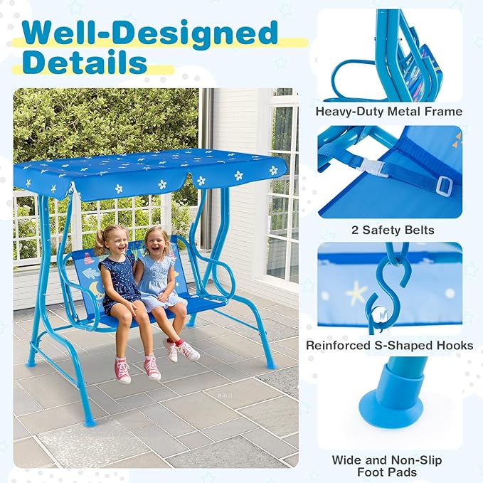 Costzon Kinder Hollywoodschaukel, wetterfeste Gartenschaukel mit verstellbarem Verdeck & Sicherheitsgurten für 2 Kinder, Outdoor-Schaukel für Garten Balkon Pool (Rot, Marienkäfer-Muster)