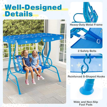 Costzon Kinder Hollywoodschaukel, wetterfeste Gartenschaukel mit verstellbarem Verdeck & Sicherheitsgurten für 2 Kinder, Outdoor-Schaukel für Garten Balkon Pool (Rot, Marienkäfer-Muster)