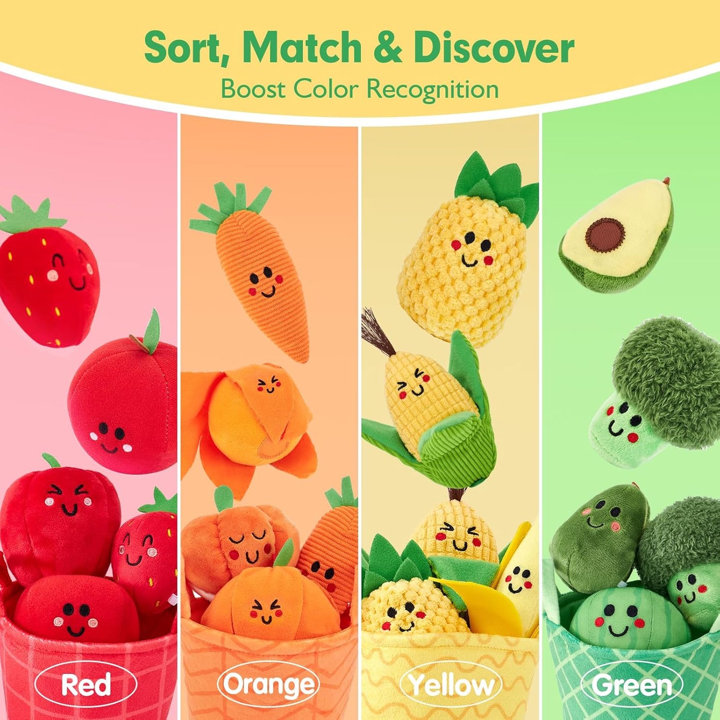 🥦 Mein erstes Sensorik-Obst- & Gemüse-Set - Montessori-Stofftierspielzeug 🍓