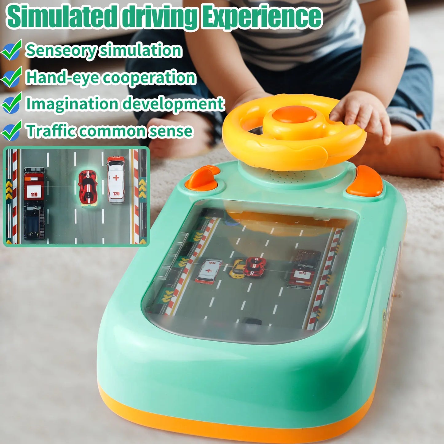 Toy steering wheel and dashboard with inset images of a road and cars, labeled 'Simulated driving Experience' with benefits listed.