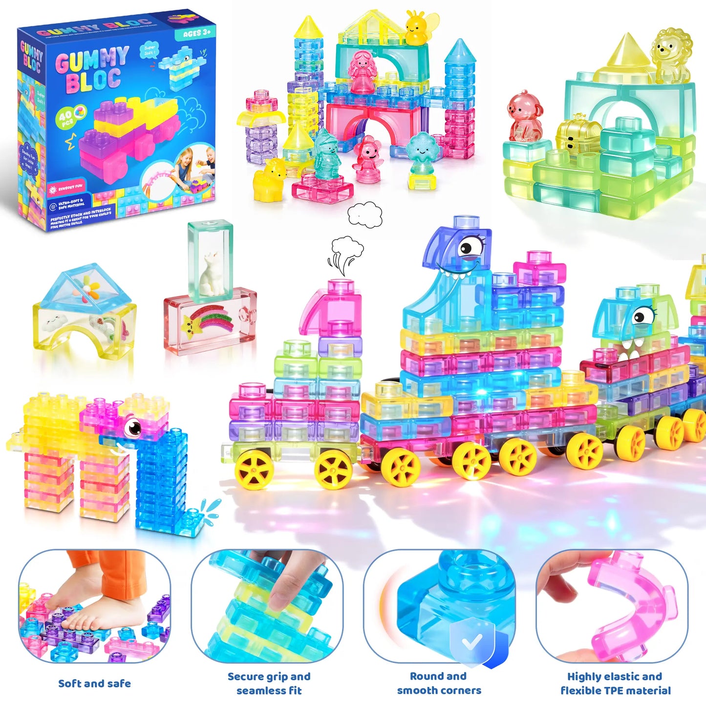 Blocs de construction souples en gelée - Jouet sensoriel et scientifique (STEM) compressible pour tout-petits 🧩✨