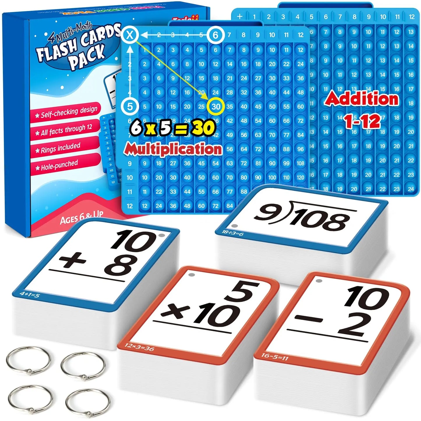Torlam Mathe Lernkarten + Mathetafel, Mathe-Fidget-Spielzeug, Multiplikations-Lernkarten Einmaleins-Tabelle, POP Fidget-Tabelle, Mathe-Manipulationsmaterial Division, Addition, Subtraktion Spiele Spielzeug für Kinder, 1., 2., 3., 4., 5., 6. Klasse