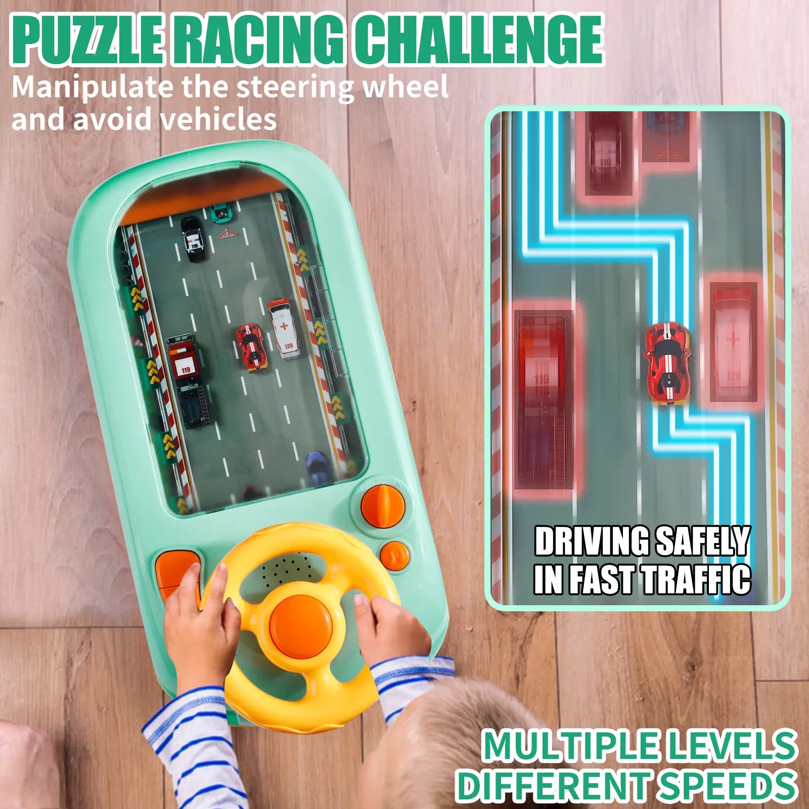 Children's toy with steering wheel and digital display showing a racing game on a wooden surface.