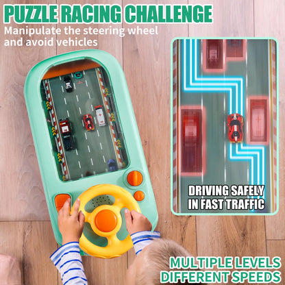 Children's toy with steering wheel and digital display showing a racing game on a wooden surface.