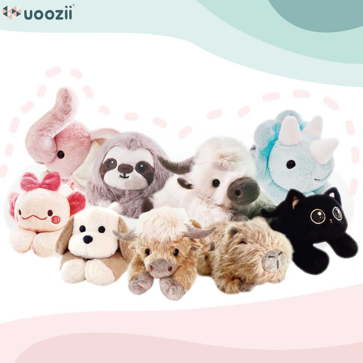 Collection of plush toys including an elephant, sloth, panda, and others on a light pink background with 'uoozii' branding.