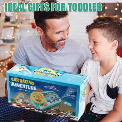 Man and child with a toy car racing adventure box, surrounded by festive lights.